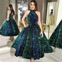 on zhu luxury green sequins sparkle o neck ankle length evening gowns robe de soiree elegant sleeveless women formal party gowns