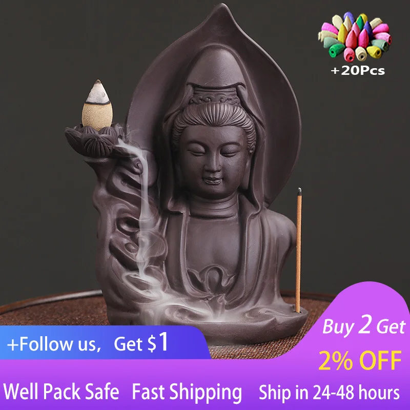 

Avalokitesvar Purple Clay Handicrafts Buddha Waterfall Backflow Incense Burner Home Decor Incense Stick Holder Ceramic Censer