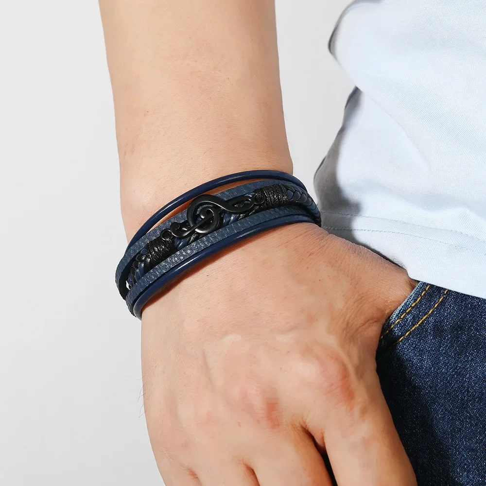 Фото Мужские браслеты Pulsera Hombre в стиле ретро, простые кожаные Многослойные браслеты с музыкальным символом и магнитной застежкой, ювелирные изделия №4