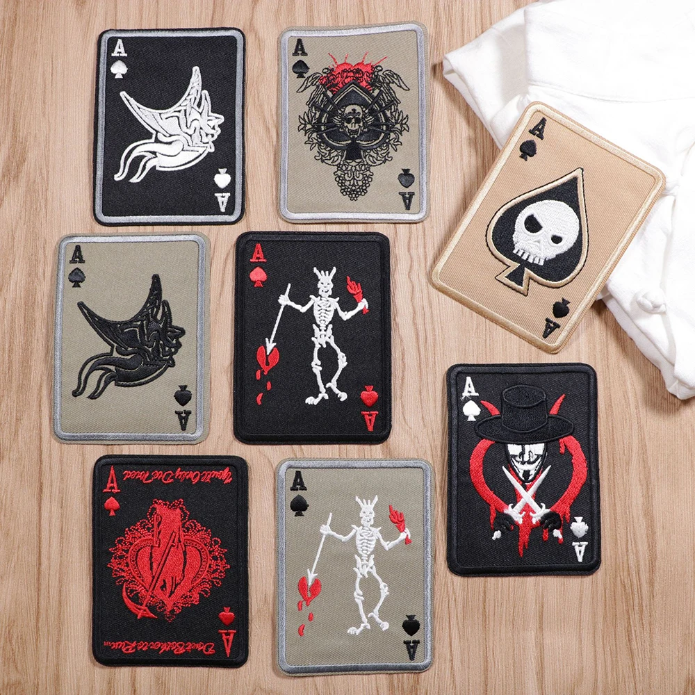 

Fashion Embroidery Demon Reaper V Scary Grim Spades Ace Poker Badge Sewing Sticker DIY Patches on clothes Iron patch