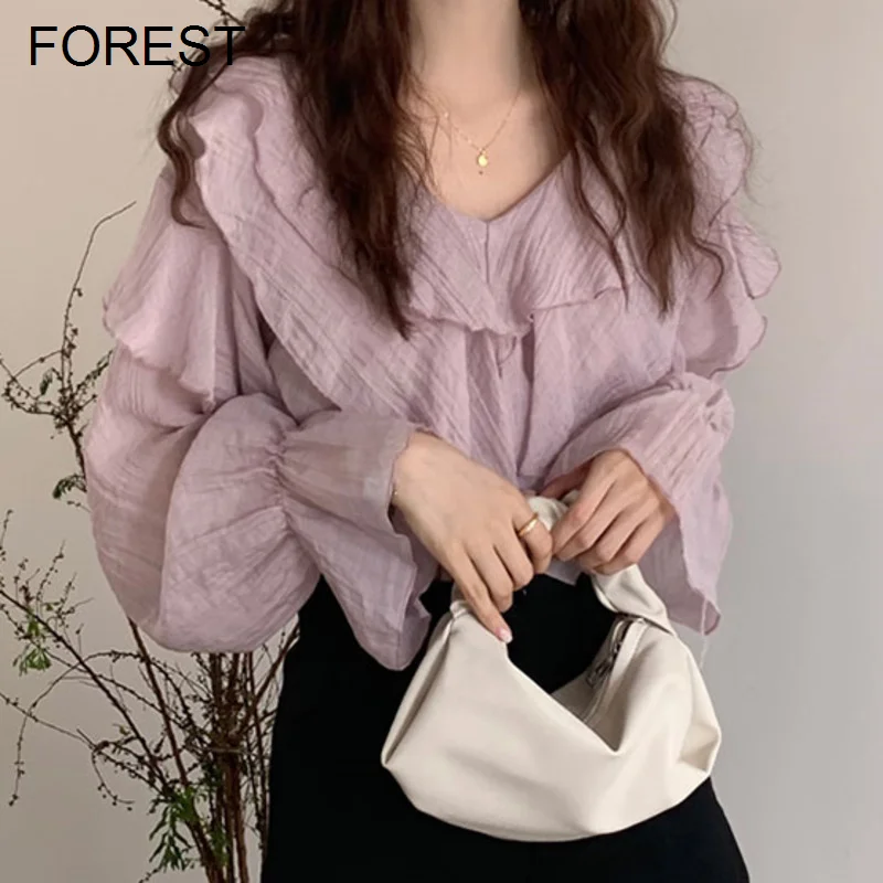 

Ruffled V-neck Chiffon Shirt Women's Spring 2022 New Korean Chic Retro French Design Temperament Long Sleeve Chic Blouses