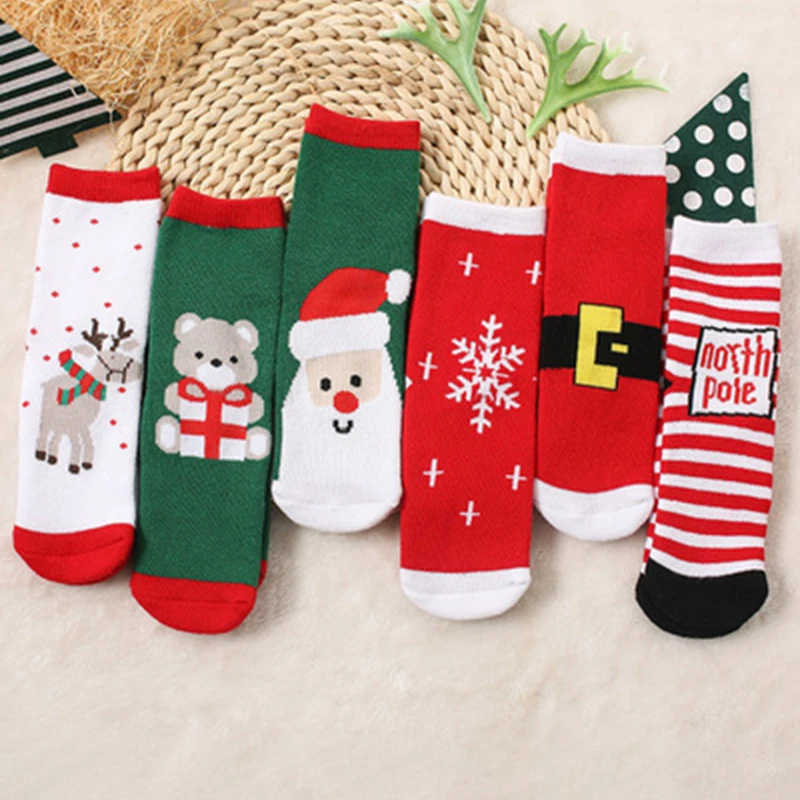 

1 Pair Spring Winter Autumn Baby Girls Boys Kids Socks Children Striped Terry Snowflake Elk Santa Claus Christmas Bear