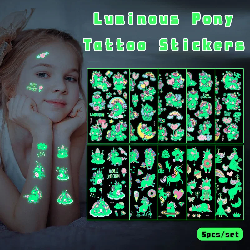 

5pcs Luminous Pony Tattoo Sticker For Kids Women Cute Cartoon Horse Sticker Waterproof Girls Party Temporary Tattoo Stickers