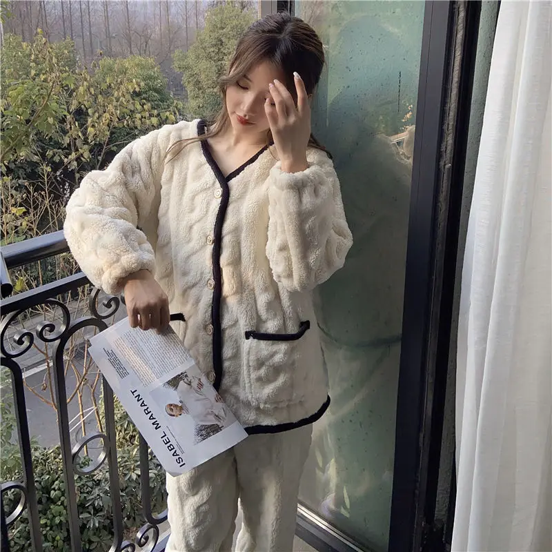 

Кардиган с длинным рукавом, теплая Домашняя одежда, пижамы с бархатной подкладкой, осень и зима, новинка, однотонный флис кораллового цвета