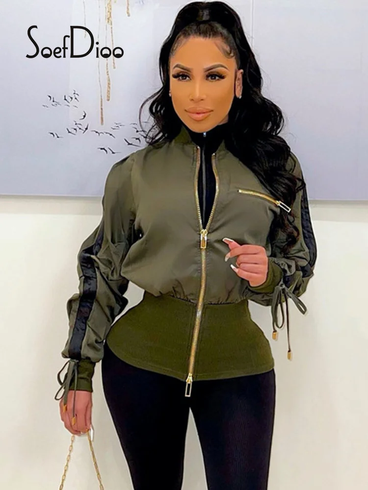 

Soefdioo Womens Bomber Jacket Drawstring Zip Up Long Sleeve Fashion Outwear Winter Jackets 2021 Cute Coats Sexy Streetwear