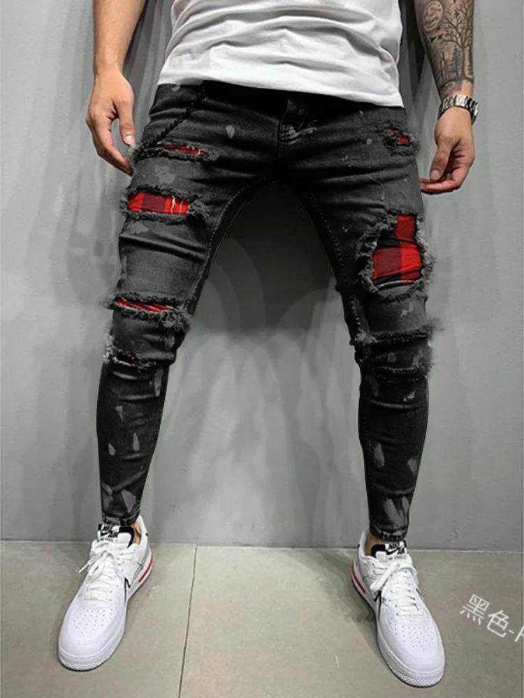 2022 Hot Sale New Fashion Super Elastic Personality Men's Skinny Ripped Paint Jeans Skinny Stretch Jeans Patch Design Trousers