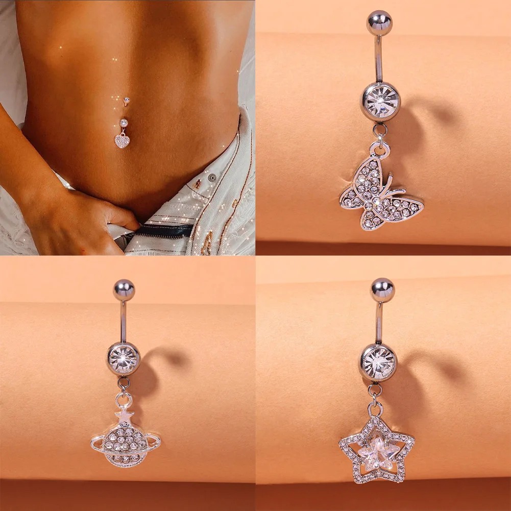 

2023 New CZ Heart Belly Button Rings Long Dangled Bar Belly Piercing Ring Shinny Crystal Piercing Belly Charming Body Jewelry