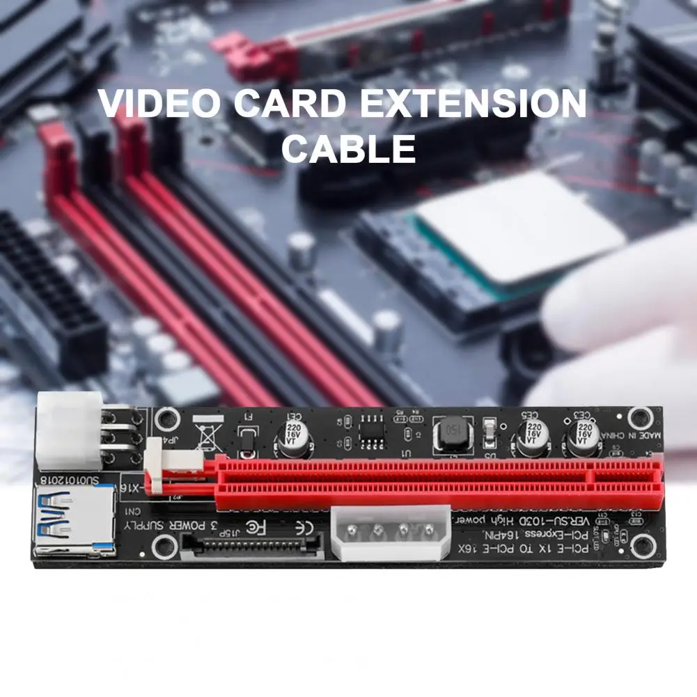 

Ver SU-103D PCI-E Riser Card Reduce Motherboard Load USB 3.0 Cable PCI-E Express 1X to 16X 6Pin Power Extender for Graphics Card