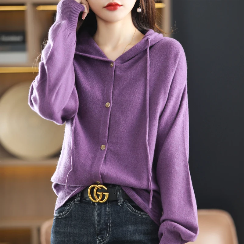2022 Spring And Autumn New Ladies Hooded Button Knit Cardigan Solid Color Korean Style Fashion Loose Soft Chic Simple Sweater  - buy with discount