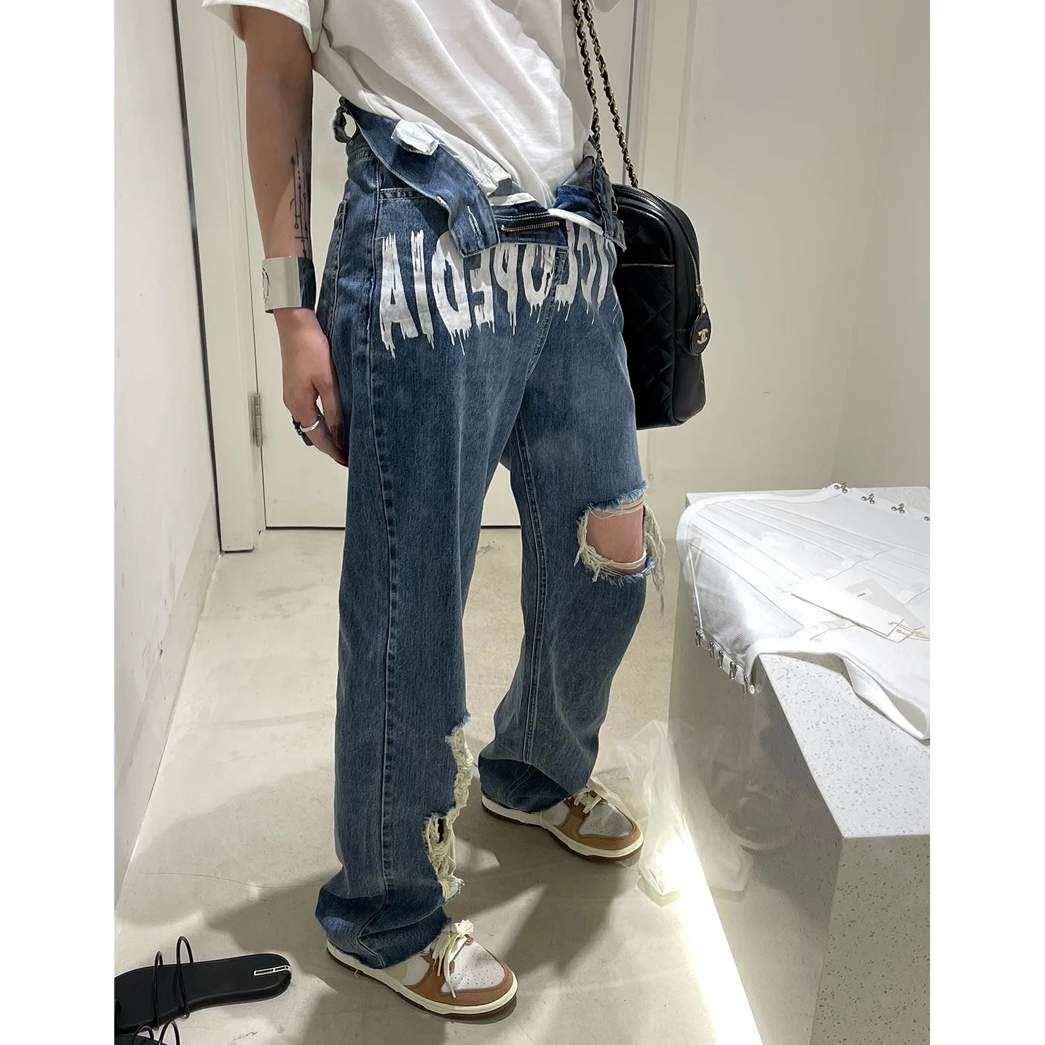 

Demin Pants for Woman Traf Y2K High Waist Vintage Wide Leg Pants Streetwear Trouser Hole Korean Style Pantalones De Mujer