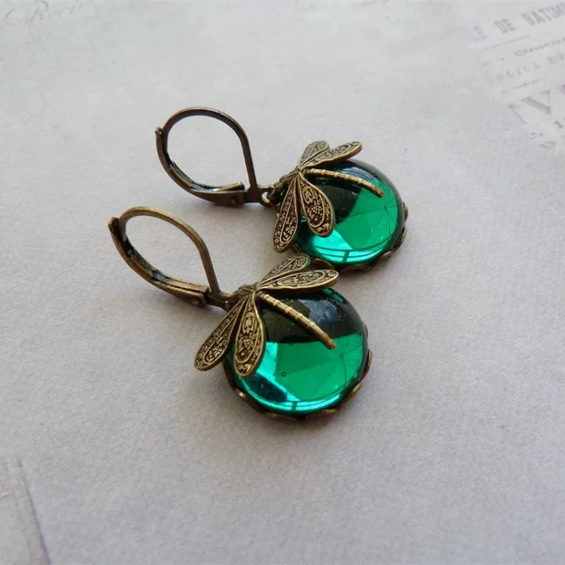 

Victorian Brass Dragonfly Glass Cabochon Gold Summer English Garden Ladies Romantic Gift Earrings