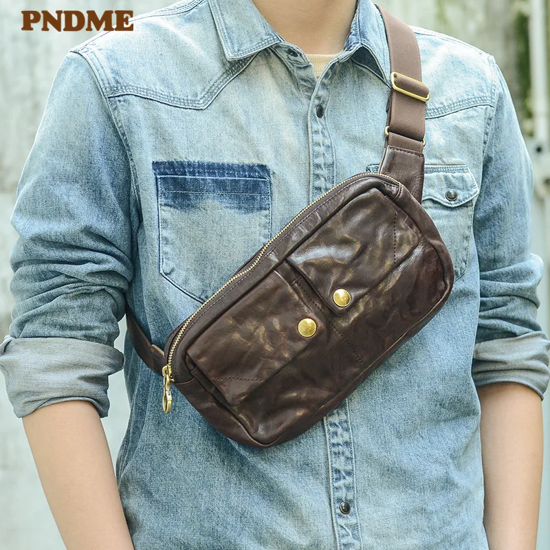 Vintage casual genuine leather men small chest bag fashion daily luxury natural real cowhide waist pack sports messenger bag