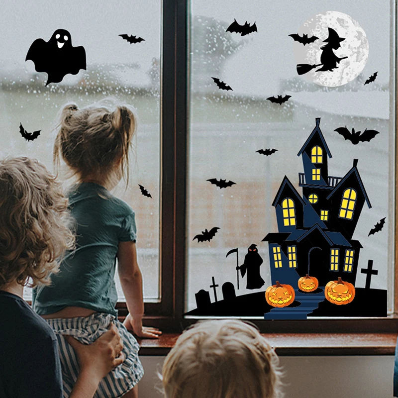 

2/4 Sheets Halloween Decoration Halloween Wall Stickers Horror Grim Reaper Witch Pumpkin Window Stickers Mirror Decals