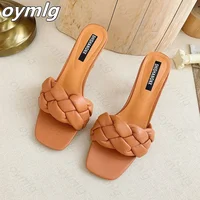 Women Slipper Ladies Thin High Heel Sandal Weave Designer 2021 New Summer Slip-On Open Toe Brown Outdoor Slides Flip Flop Shoes