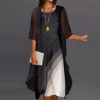 2 pcsset women dress set see through mesh gradient shawl dress 2022 new round neck middle waist pullover printed dress set