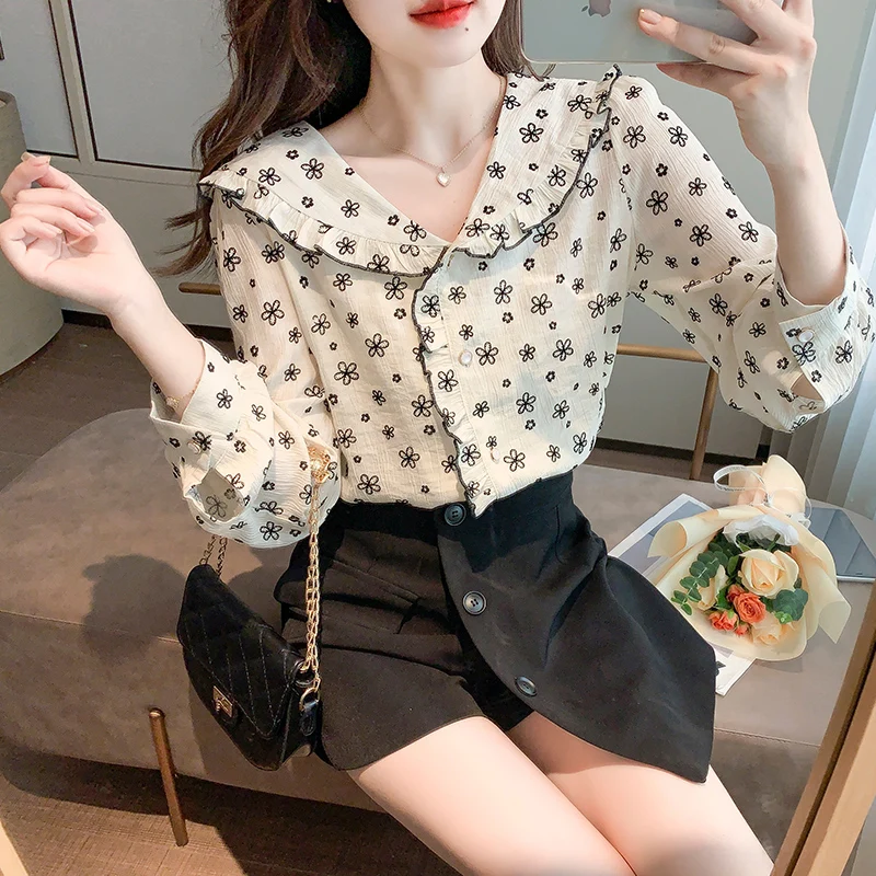 

Рубашка COIGARSAM, женские топы, весенние новые однобортные прямые женские рубашки абрикосового цвета с длинным рукавом и цветочным принтом и V-...