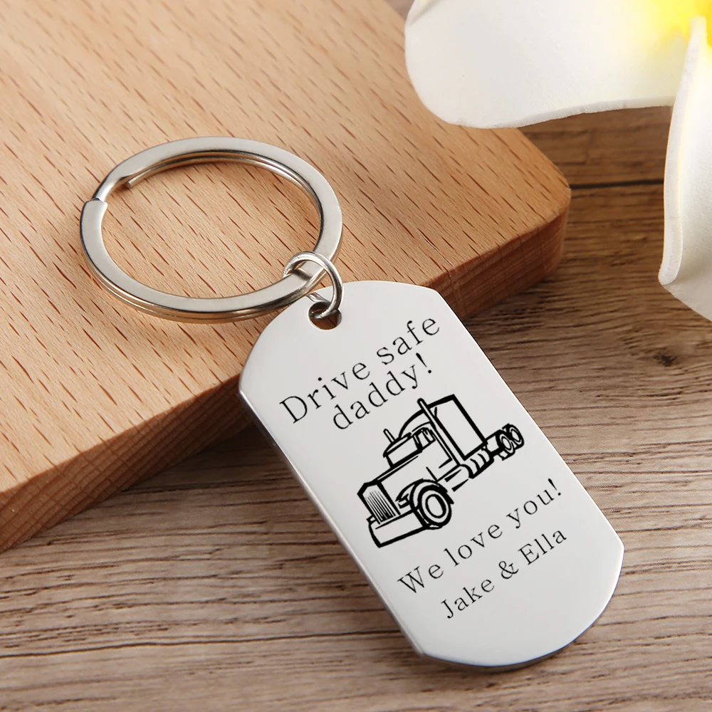 

Custom Name Trucker Key Chain - Stainless Steel Silver - Drive Safe Daddy - Travel Gift - Gift For Semi Truck Driver Dad