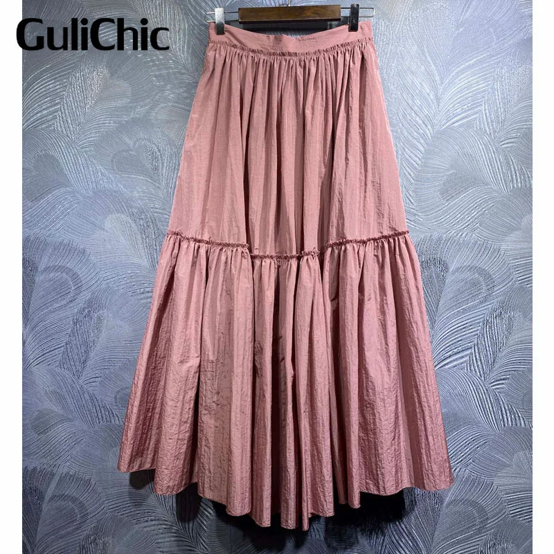 

6.3 GuliChic Vintage Elegant Fashion Hem Lace Design High Waist Folds Spliced Solid Color Skirt Women