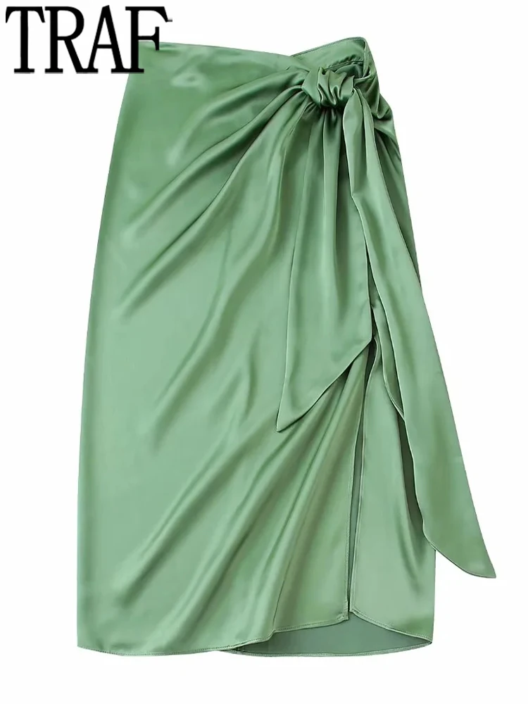 

TRAF Knot Green Midi Skirt Women High Waist Split Satin Skirt Set Long Skirts Woman Fashion 2022 Autumn Winter Elegant Skirts