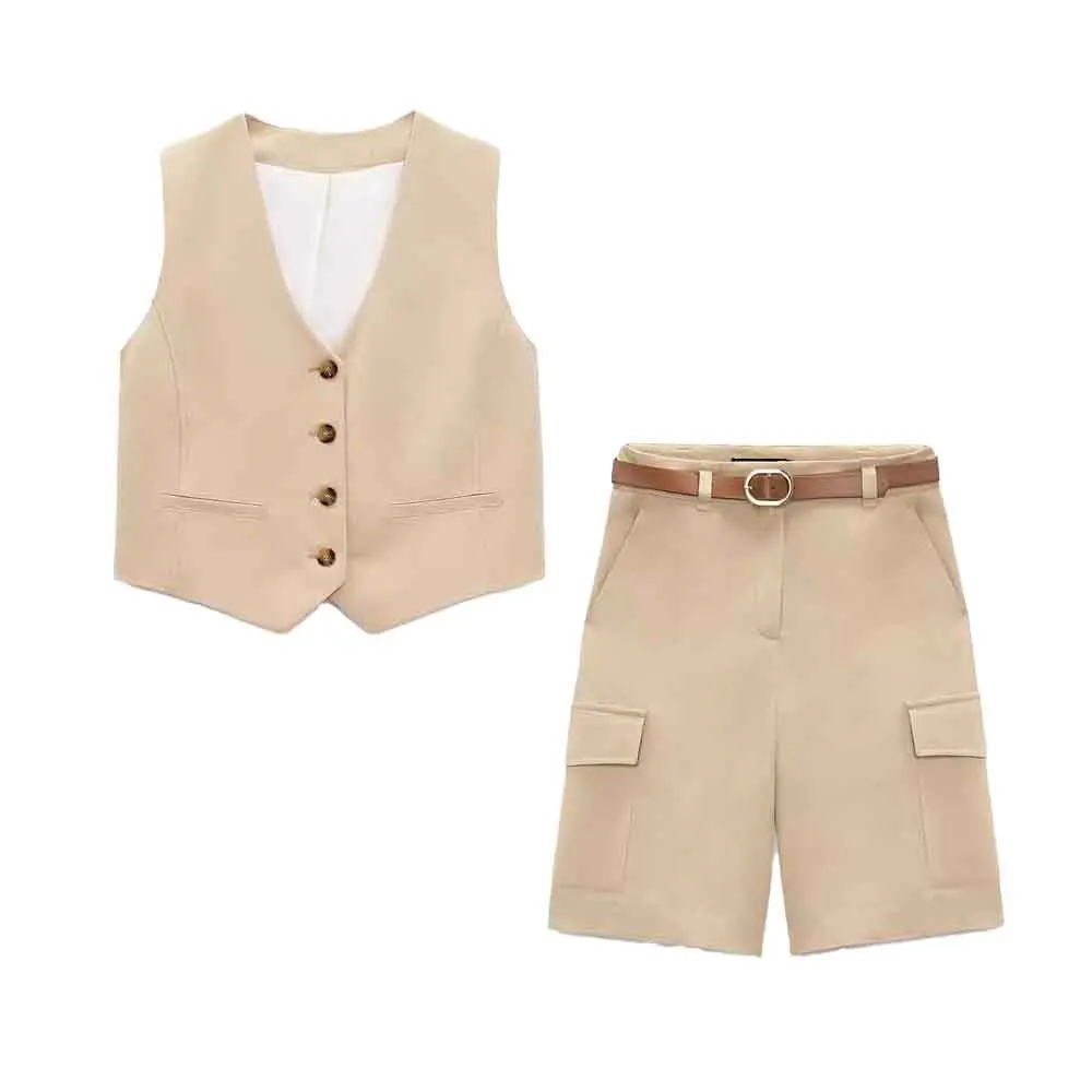 

Set Women 2 Pieces 2023 New Fashion Customized Short Vest Tops Vintage Casual Shorts With Waistband Tooling Female Chic Tops