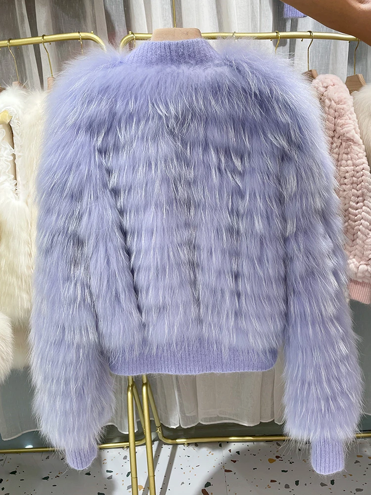 2022 Ladies luxury Natural Fur Jacket V Neck real Raccoon Fur Warm Puff Sleeve Coat Women's fur Jacket New