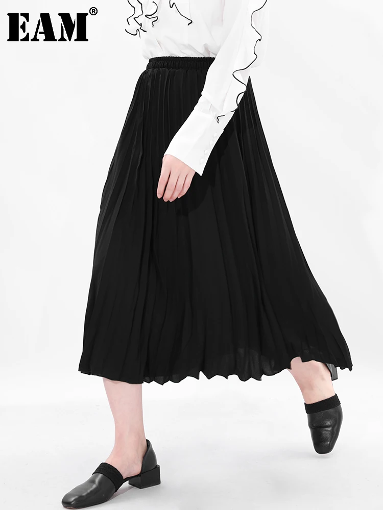 

[EAM] High Elastic Waist Brief Pleated Black Temperament Half-body Skirt Women Fashion Tide New Spring Autumn 2022 1A53101