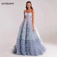 elegant blue ball gown tiered pleat tulle backless sweetheart 2022 women prom gowns sleeveless strapless evening party dresses