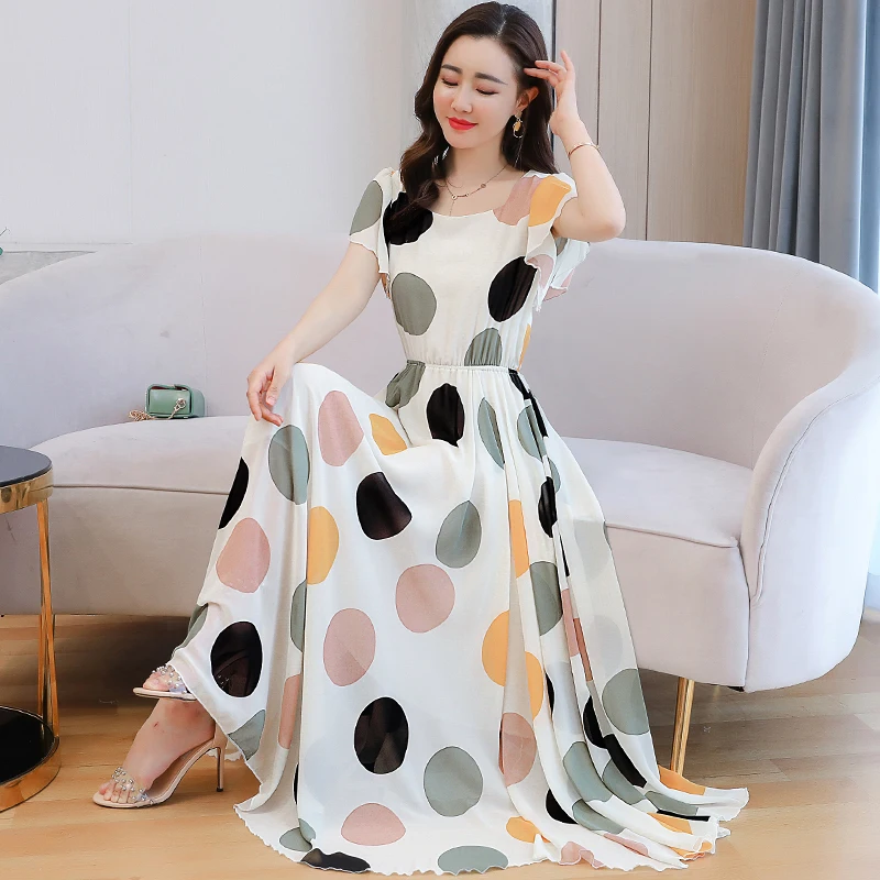 

2022 Chiffon Boho Beach Dress Summer Dot Print Elegant Women White Party Vestido Oversize Bodycon Casual Short-sleeve Maxi Dress