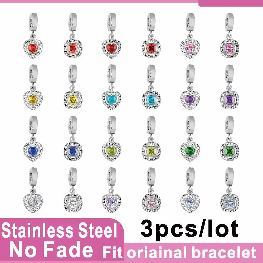 

3 Pcs Stainless Steel Charm Heart Pendant Jewelry Round Big Zircon Amulet Bracelet Necklace Jewelry DIY Production