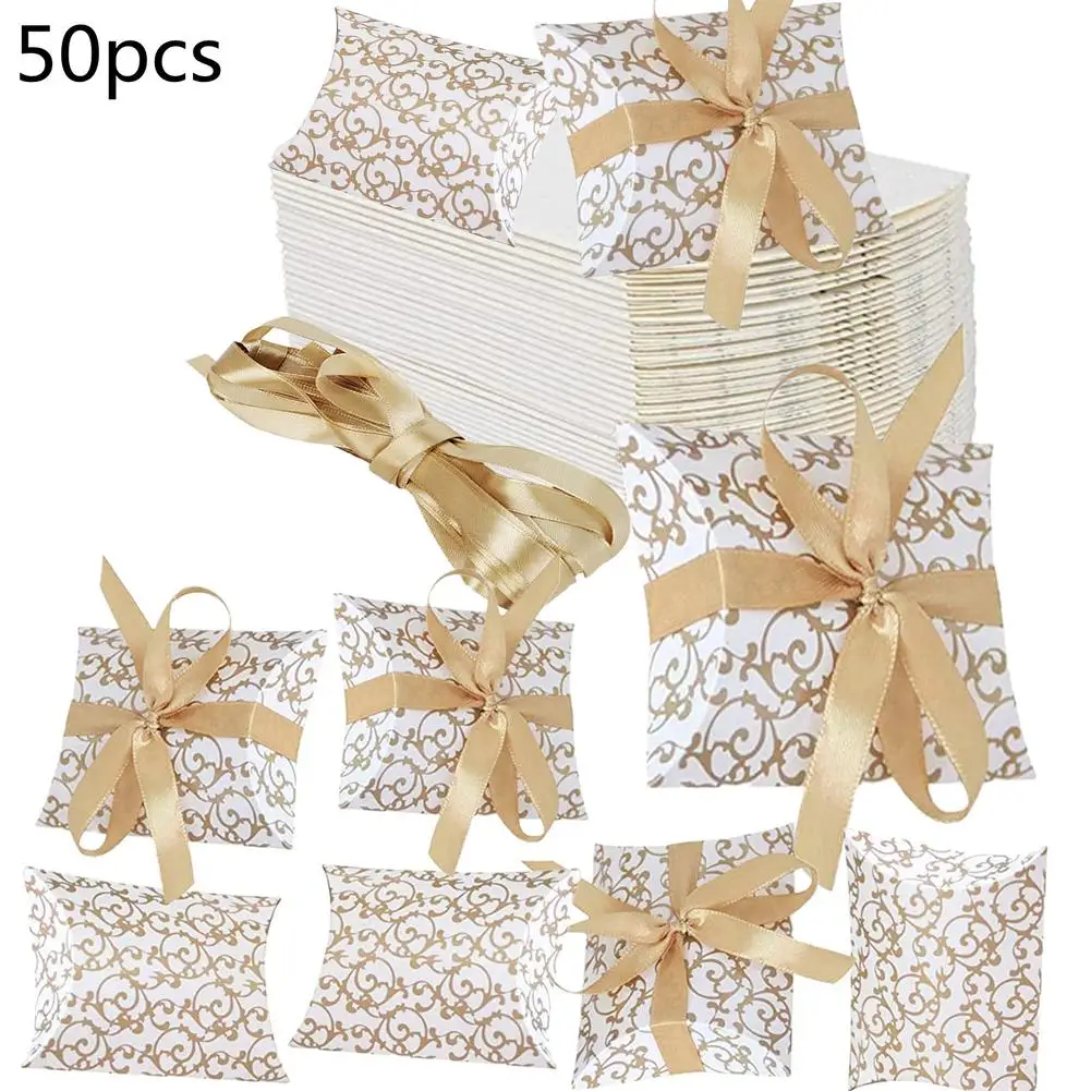 

50pcs Pattern Pillow-shaped Candy Box with Ribbon Ample Space For Wedding Favours Jewelry Snacks Biscuits Packaging Tool
