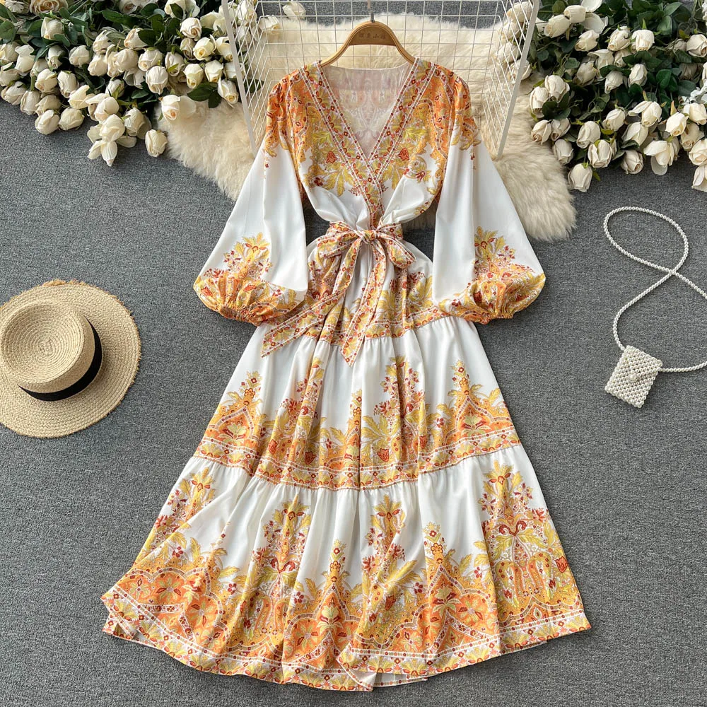 

Women New Fashion Retro Printed Palace Long Sleeve Dress 2022 Spring Autumn V-neck Tie-up Vintage Elegant Clothes Vestidos E274