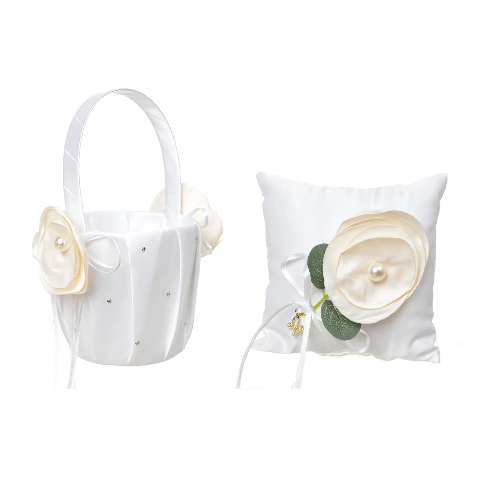 

2pcs/set Flower Girls Basket Ring Pillow Wedding Basket for Flower Bride/Kids Hand Held Wedding Ceremony Party Accessories