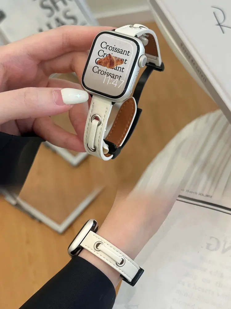 

Новый дизайн кожаного ремешка, тонкая кожаная звено для Apple Watch Band 41 мм 40 мм 44 45 49, Женский магнитный ремешок для iWatch Series 8 7 5 6