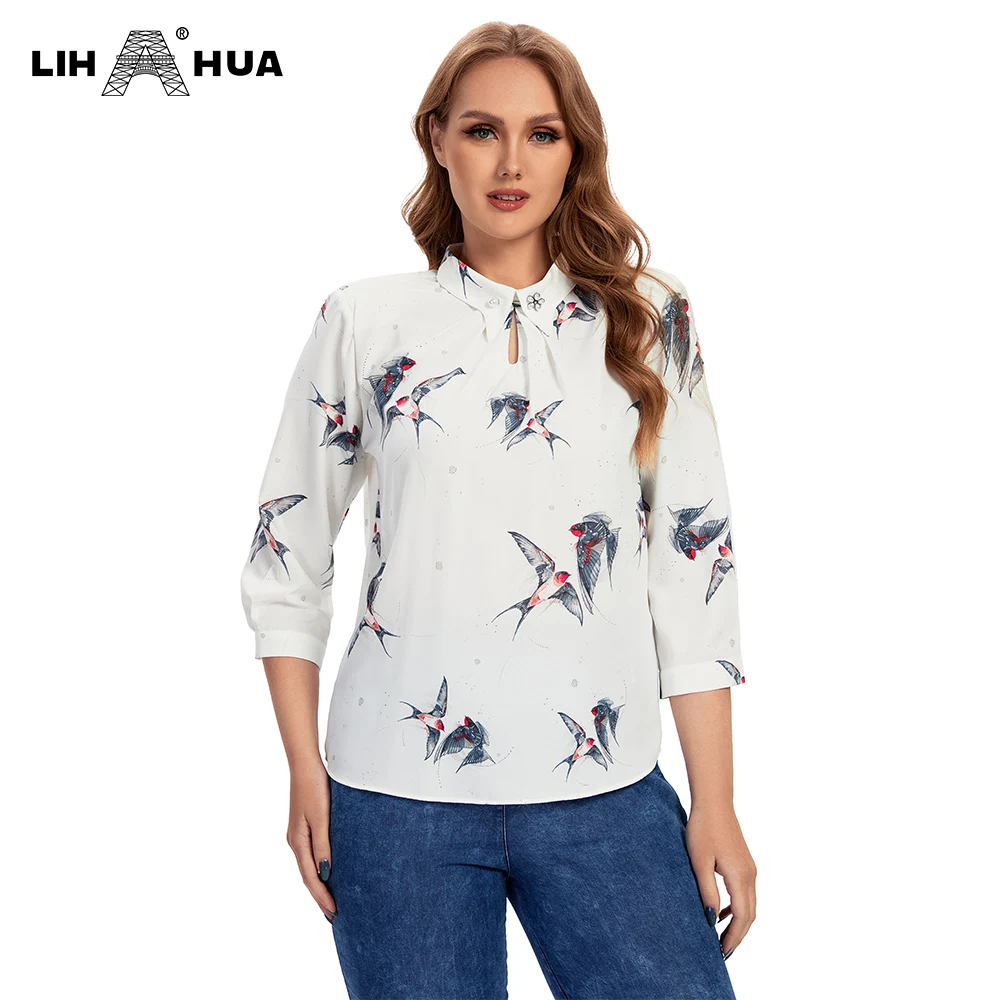 

LIH HUA Women's Plus Size T-Shirt Polyester Spring T-Shirt 3/4 Sleeve Print Fashion Graphic Loose Top