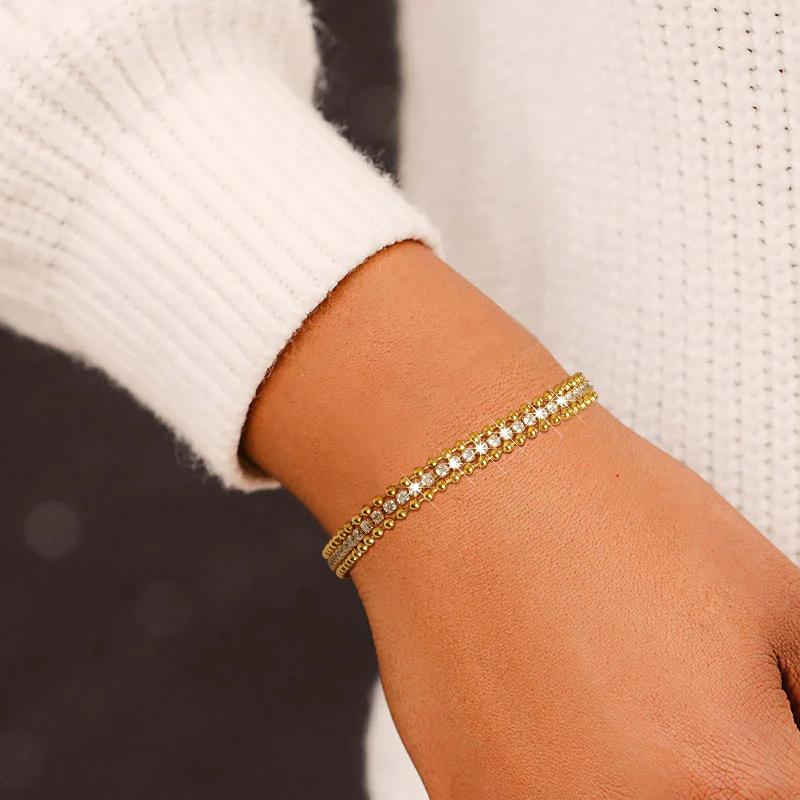 

Fashion Three Layers Bead Chain Bracelets Bling CZ Stone for Women, Stainless Steel Charm Bracelet Dainty Jewelry Gift To Her