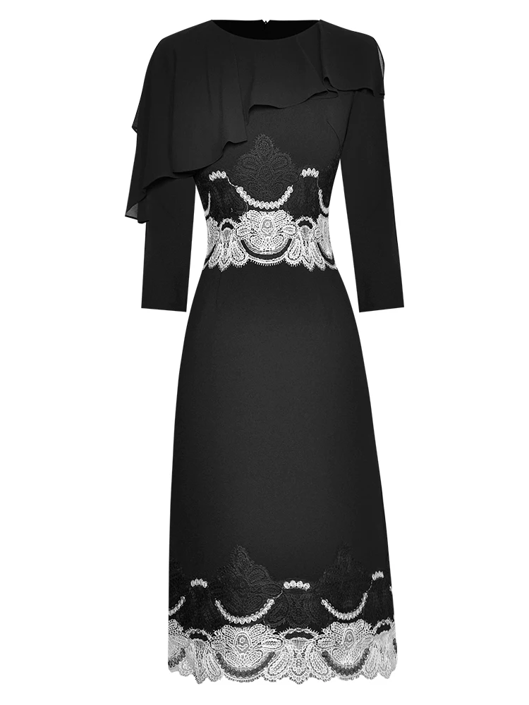 

Runway High Quality Autumn New Women High Street Celebrity Party Fashion Elegant Designer Lace Patchwork Black Midi Pencil Dress