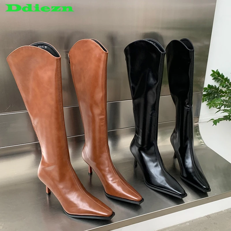 

Fashion Knee-High Women Pumps Long Boots Shoes Zipper Pointed Toe Modern Ladies Boots Autumn New Chelsea Female Shoes For Heels