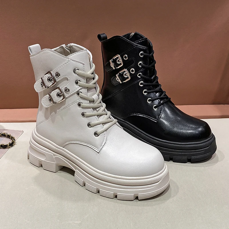 

Rimocy Buckle Platform Punk Motorcycle Boots Women Pu Leather Lace-Up Ankle Boots Woman2022 Autumn Non-Slip Thick Bottom Botas