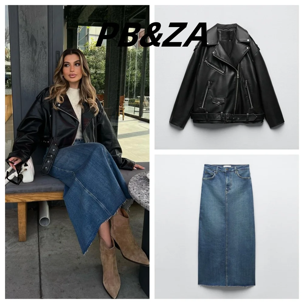 Enlarge PB&ZA 2023 spring new women's lapel oblique zipper shoulder motorcycle leather jacket pu black short coat 3427811