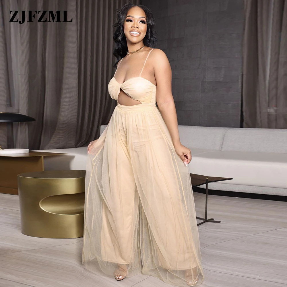 

2022 Summer Sheer Mesh Rompers Womens Jumpsuit Sweet Girls Spaghetti Strap Wide Leg Overall Fashion Waist Band Cut Out Bodysuits