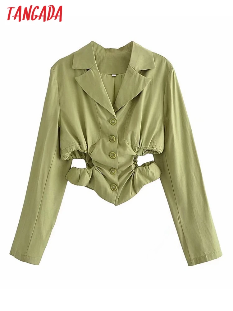 

Tangada Women 2022 Fashion Green Cut-out Thin Blazer Coat Long Sleeve Female Outerwear Chic Tops 5D122