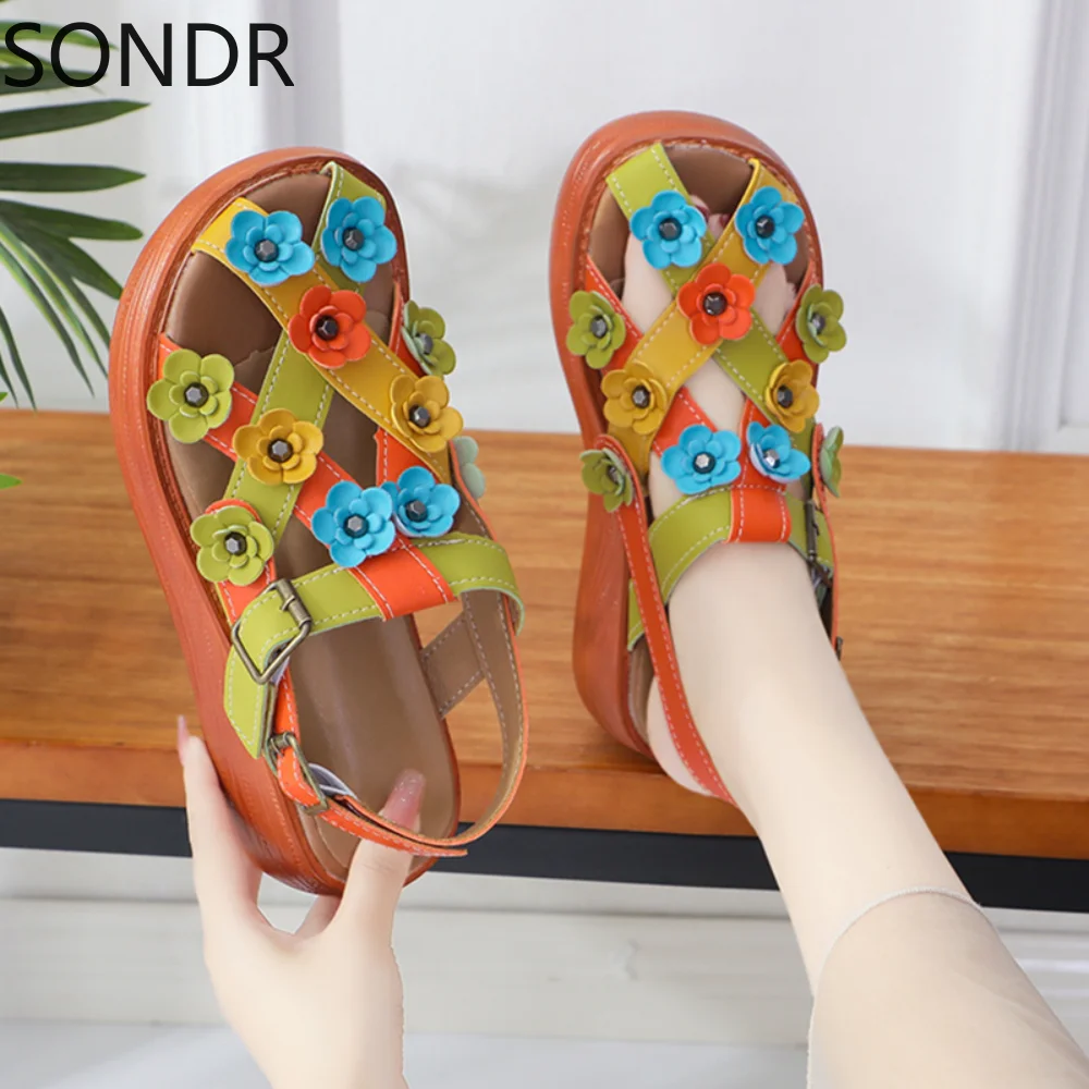 

Сандалии женские из искусственной кожи с круглым носком, ажурные босоножки с 3D цветами, подходят к цвету, для пляжа, «сделай сам», лето