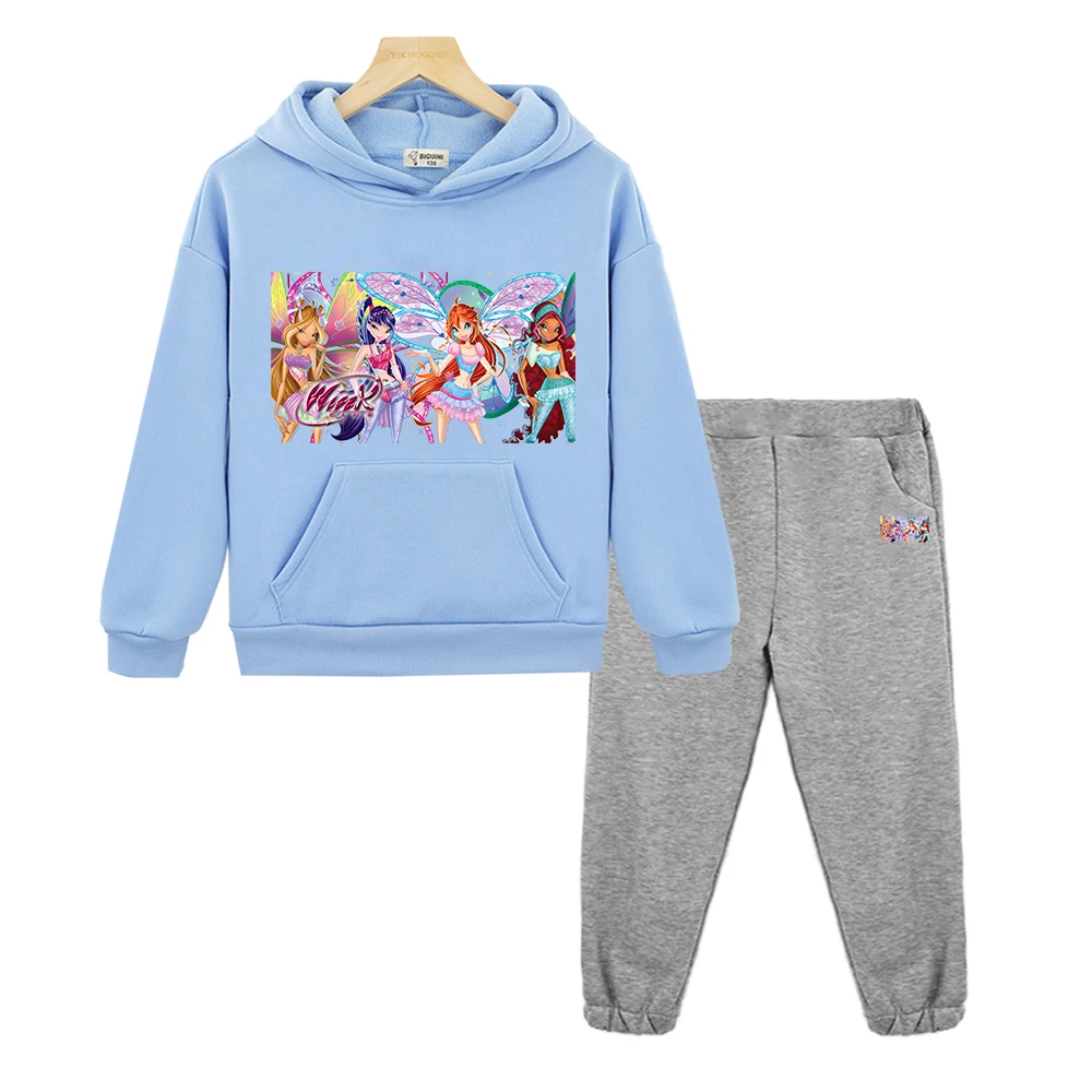 Фото Толстовка с капюшоном в стиле аниме Winx, флисовая толстовка, детская одежда, спортивные комплекты с капюшоном Winx для мальчиков и девочек, пуловер из 2 предметов + штаны, наряд для девочек №5