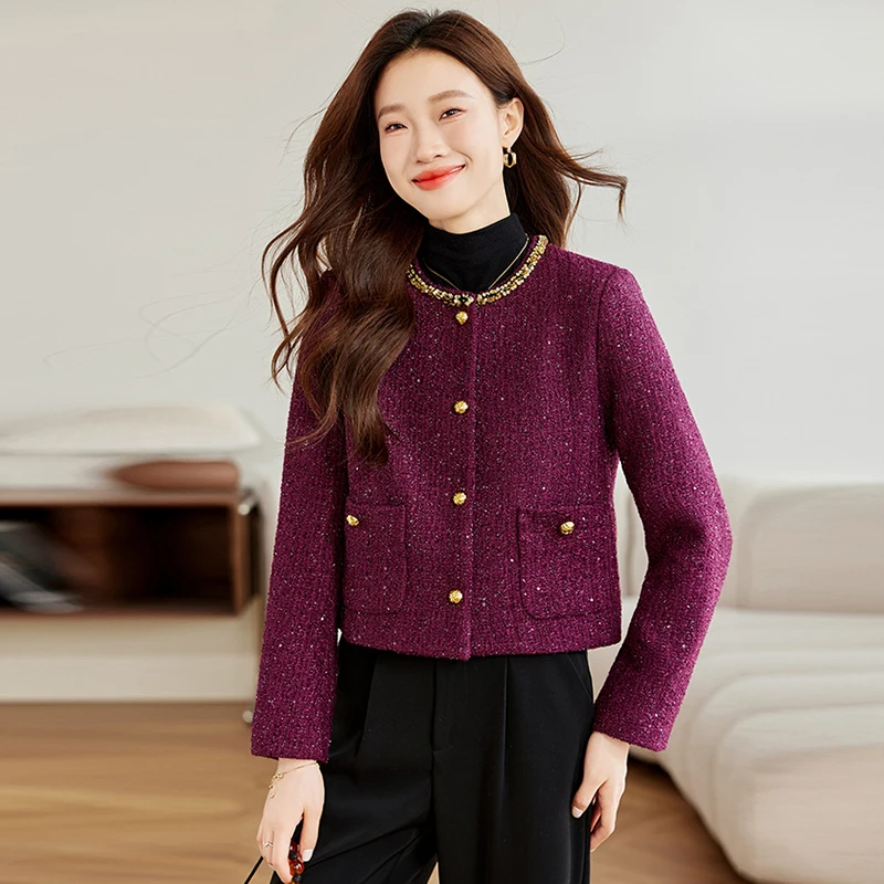  Пальто женское осень-зима 2025 Новое поступление маленькие короткие твидовые