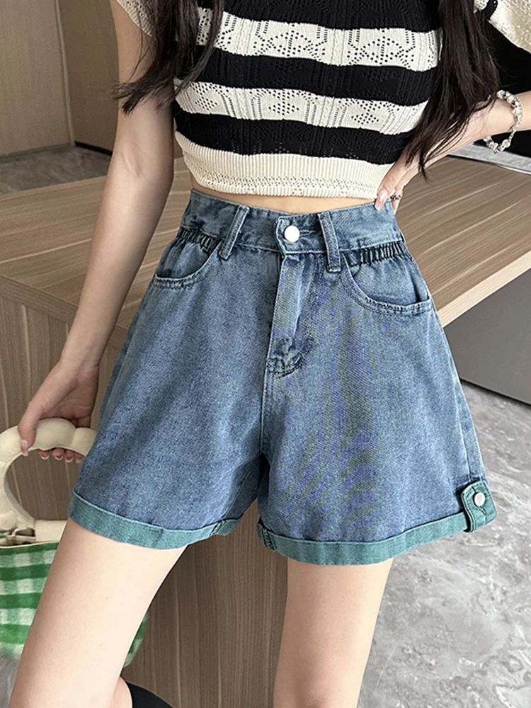 New Spring Summer Women Retro Elastic Waist Loose Denim Shorts Streetwear Female Wide Leg Jeans Shorts Bottoms