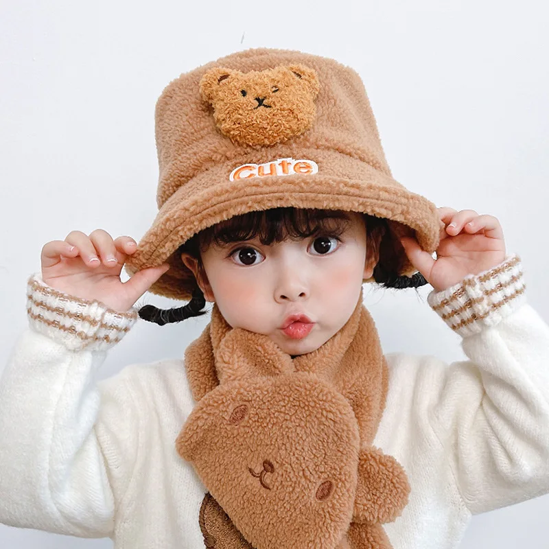 

Children Cartoon Bear Scarf Fisherman Hat Autumn and Winter Velvet Warm Scarves Boy Girl Child Cute Baby Hat Christmas Gift
