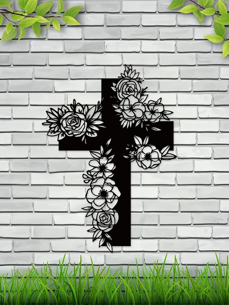 Металлический настенный крест с цветком религиозное настенное искусство