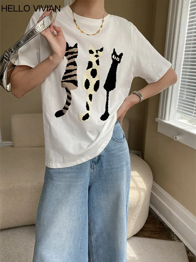 

Женская Винтажная Футболка с принтом кошки, свободная повседневная футболка с коротким рукавом и круглым вырезом, весна-лето