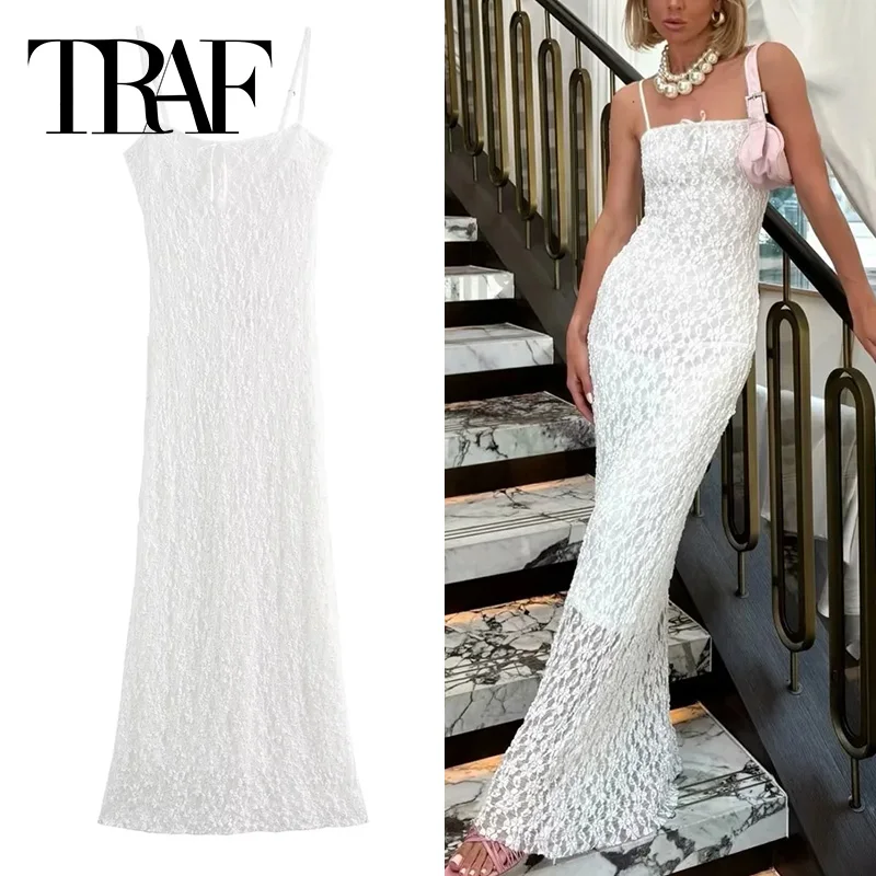 Белое кружевное платье TRAF 2024 женское облегающее длинное без рукавов сексуальные