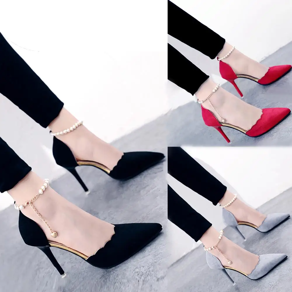 

2022 Autumn New Korean Elegant String Bead High Heels Black Sexy Thin Heels Single Shoes Temperament Dress Party Womens Shoes